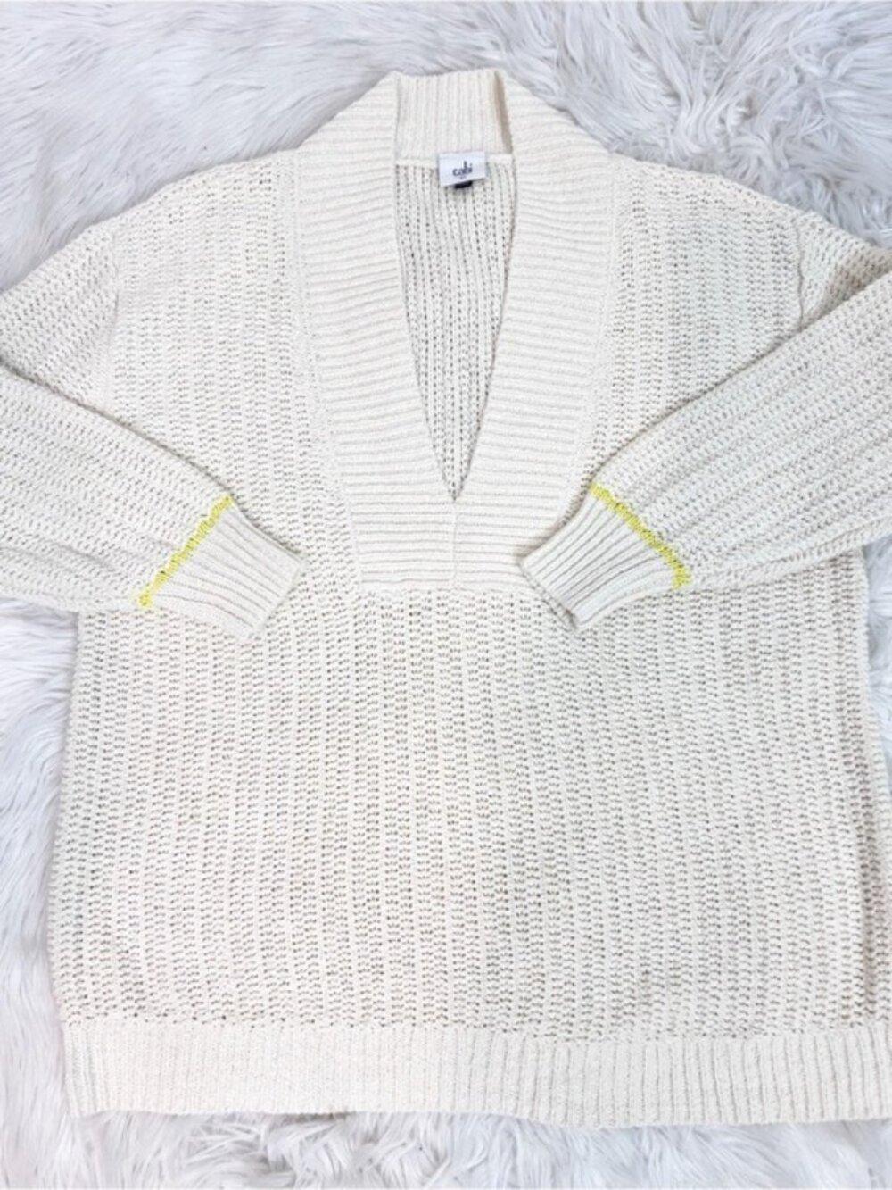 CABI CROQUET V-NECK PULLOVER SWEATER OFF-WHITE YELLOW STRIPE AT CUFFS #6233 XS